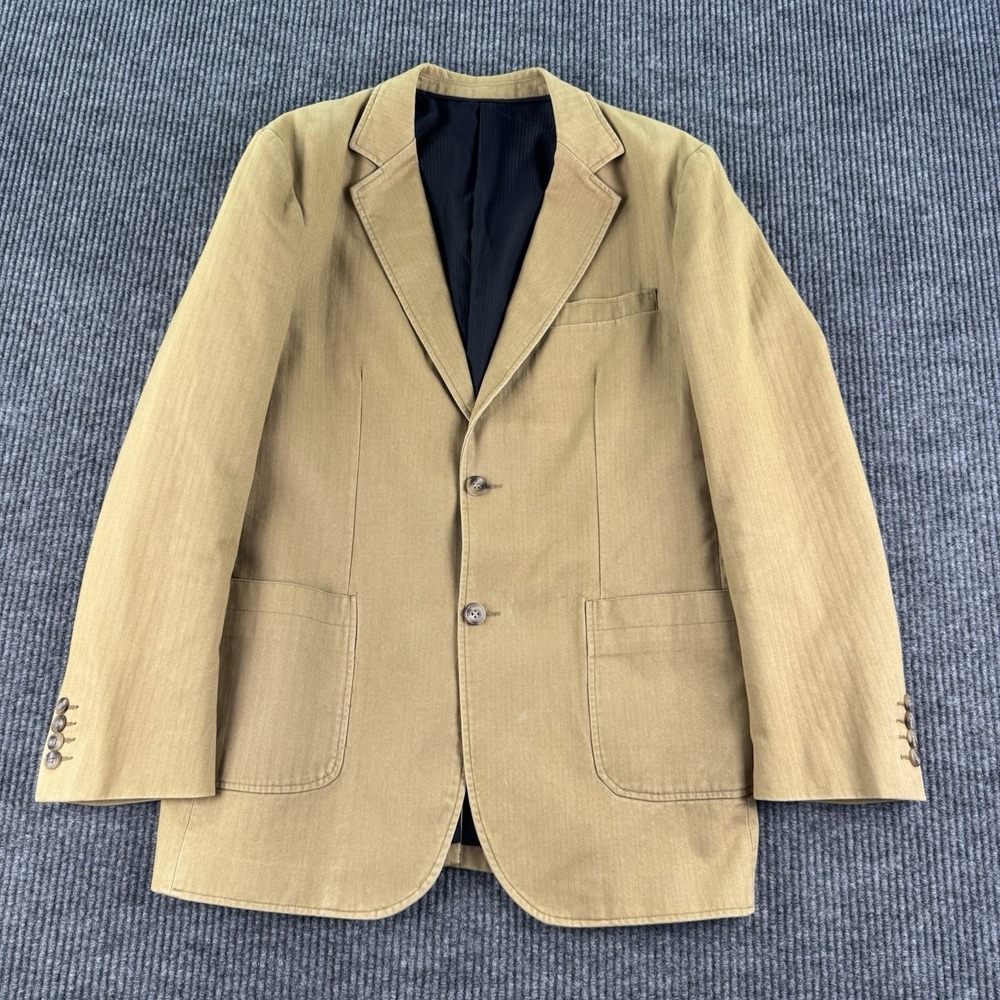 Vintage Saks Fifth Avenue Sport Coat Men M Beige Cotton Herringbone Patch Pocket